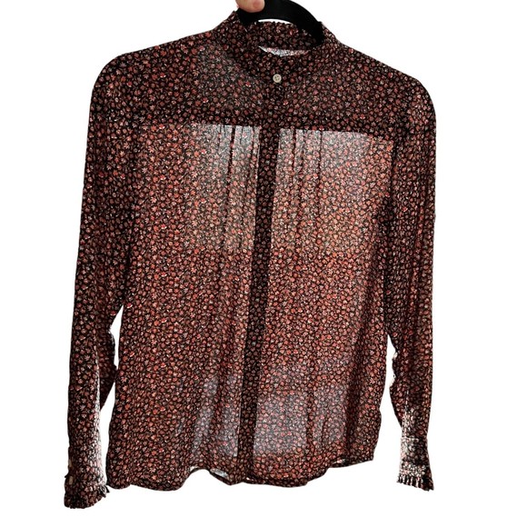 Loft Blouse Button Up Floral Print Women’s Petite XS Ruffle Hem Stand Up Collar - Picture 11 of 14